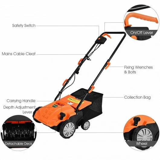 12Amp Corded Scarifier 13” Electric Lawn Dethatcher -Orange