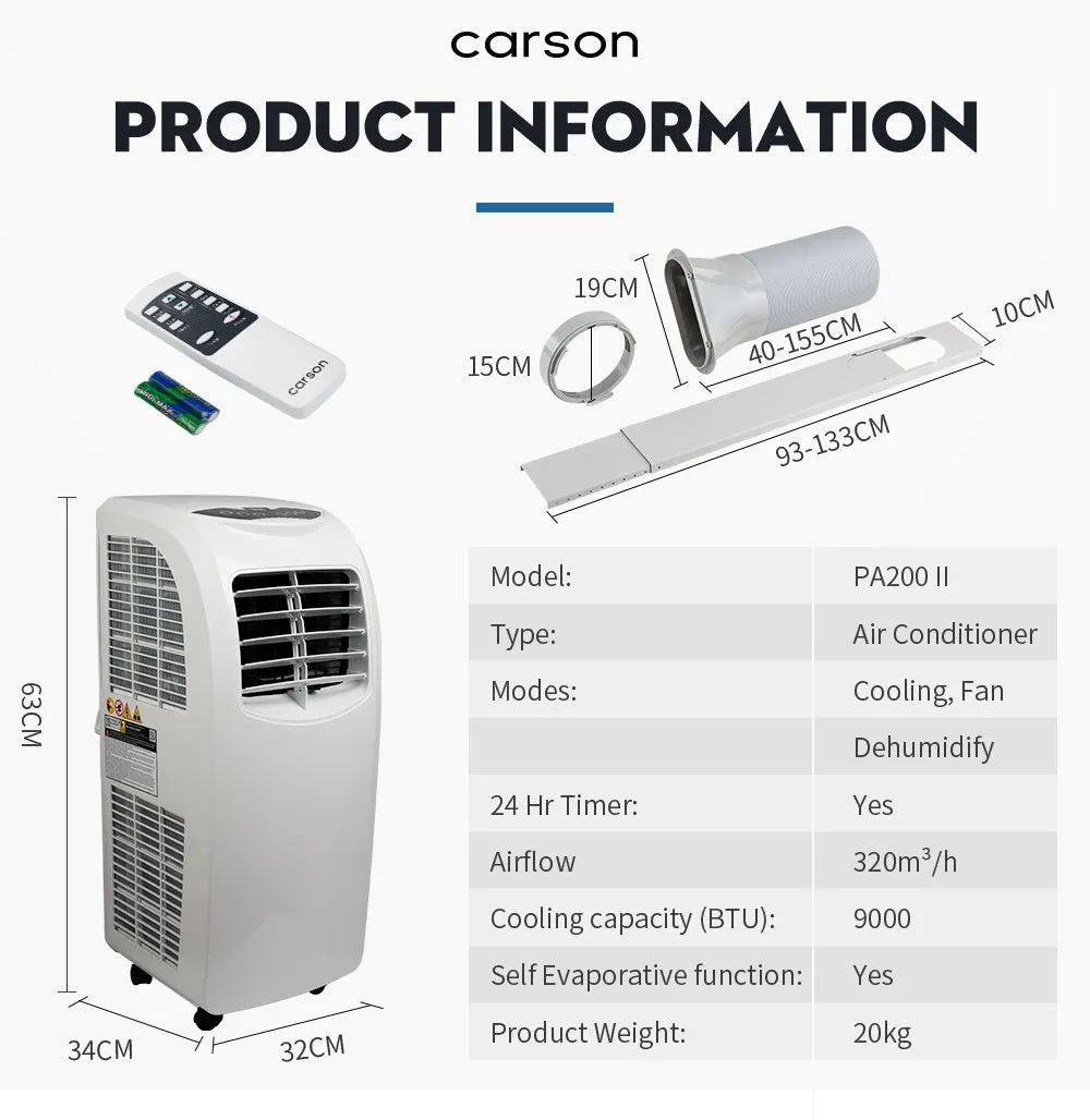 2.64kW Portable Air Conditioner w/Remote, Dehumidifier - Carson