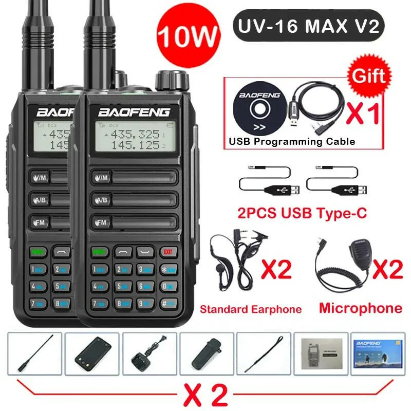 2Pack Baofeng UV16 MAX V2 Walkie Talkie 10W VHF UHF Dual Band Two Way CB Ham Radio UV-16 Portable Radio Transceiver UV5R UV10R