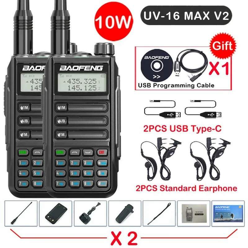 2Pack Baofeng UV16 MAX V2 Walkie Talkie 10W VHF UHF Dual Band Two Way CB Ham Radio UV-16 Portable Radio Transceiver UV5R UV10R