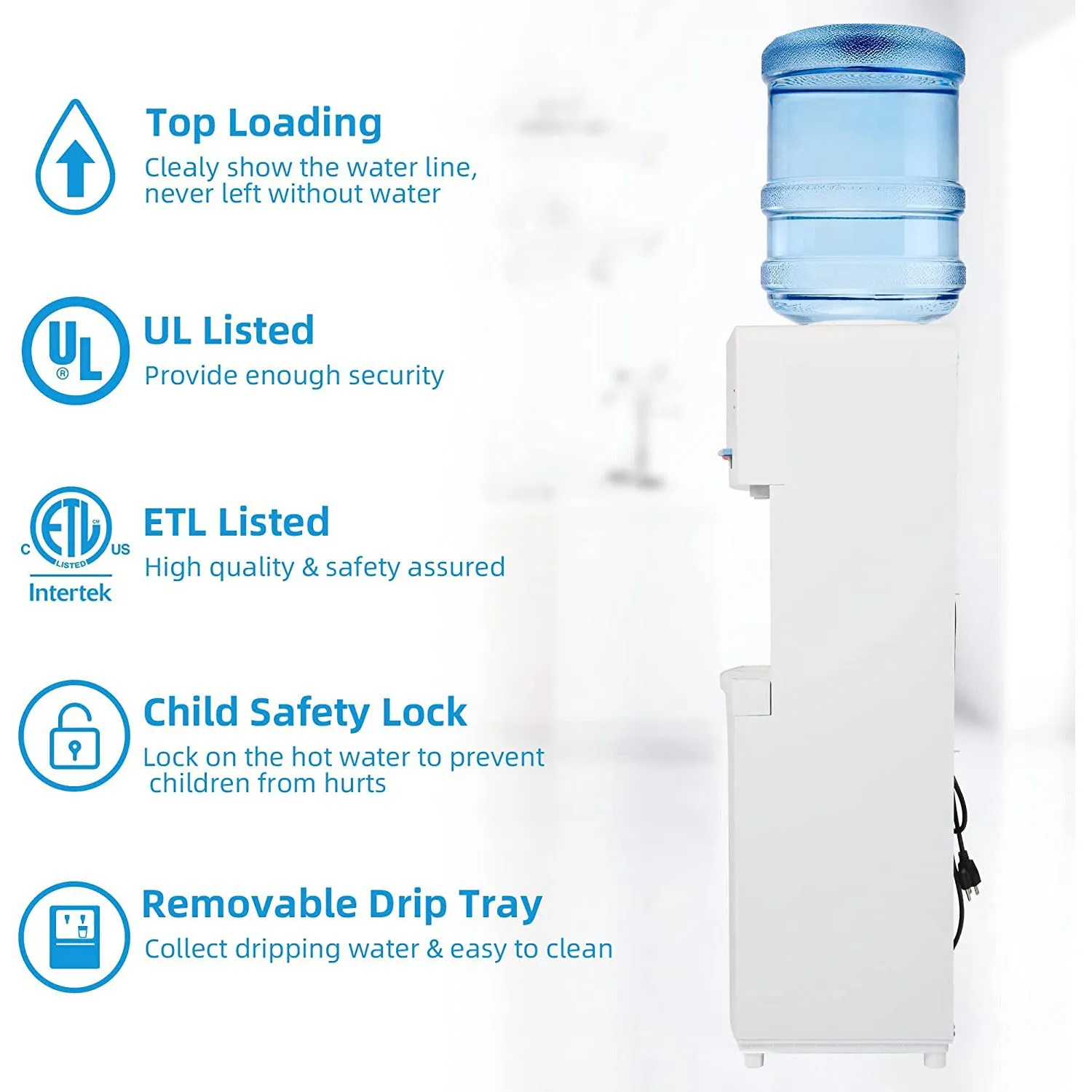 5 Gallon Top Loading Water Cooler Water Dispenser with Child Safety Lock, 2 Temps (Hot & Cold), ETL Listed, White