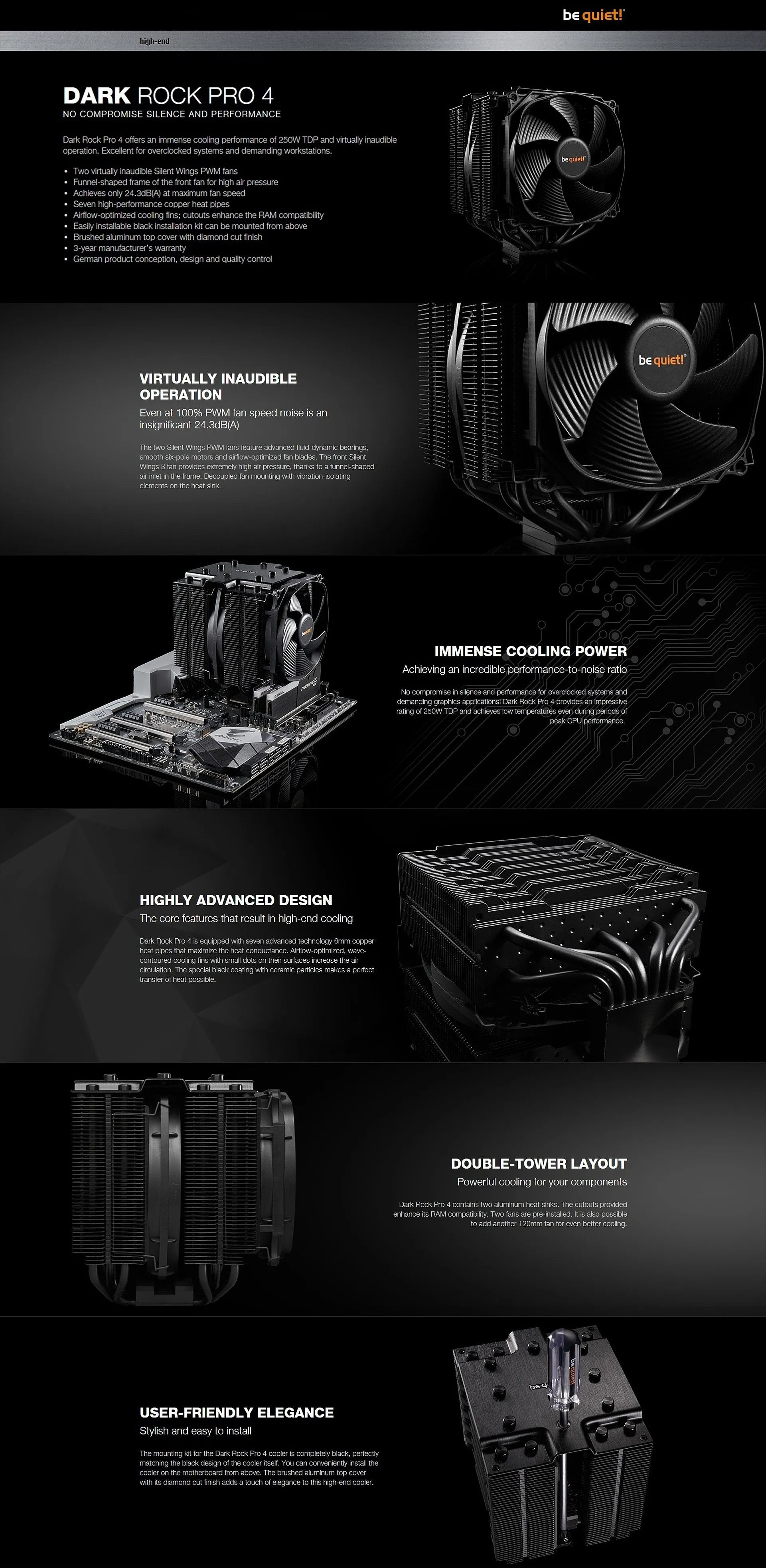 BeQuiet Dark Rock Pro 4 120mm cooling performance of 250W TDP and virtually inaudible operation Excellent for overclocked systems CPU Air Cooler