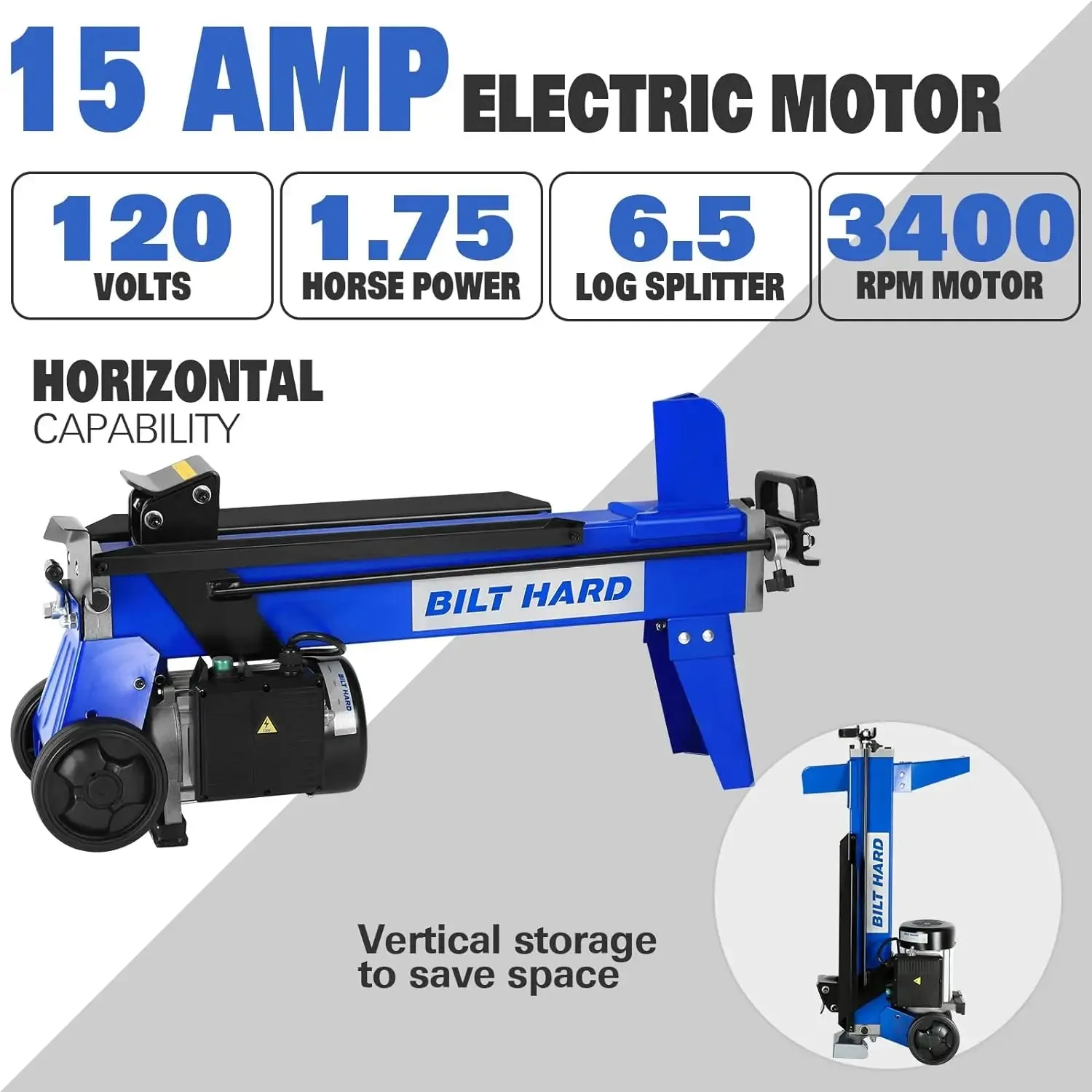 BILT HARD Log Splitter 6.5 Ton, Wood Splitter Electric Powered 15Amp, with Hydraulic Ram, Electric Firewood Splitting Machine, Horizontal