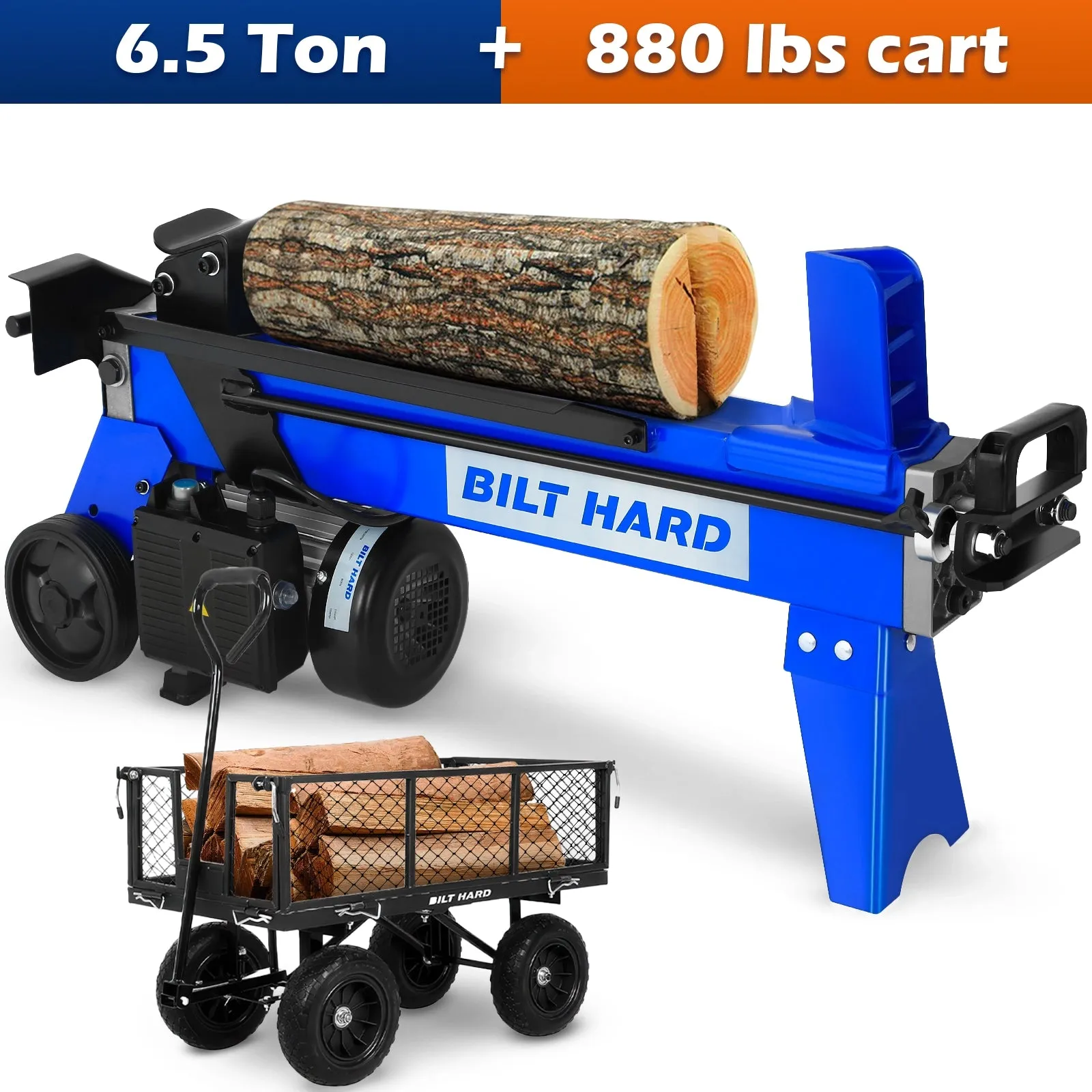 BILT HARD Log Splitter 6.5 Ton, Wood Splitter Electric Powered 15Amp, with Hydraulic Ram, Electric Firewood Splitting Machine, Horizontal