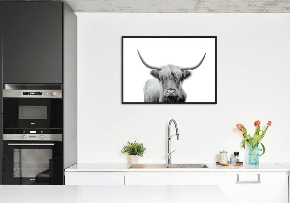 Black And White Cow Picture PRINTABLE WALL ART, Horizontal Poster, Farmhouse Decor, Cow Photography, Country Animal Print, Longhorn Print, Nordic Minimalist Print