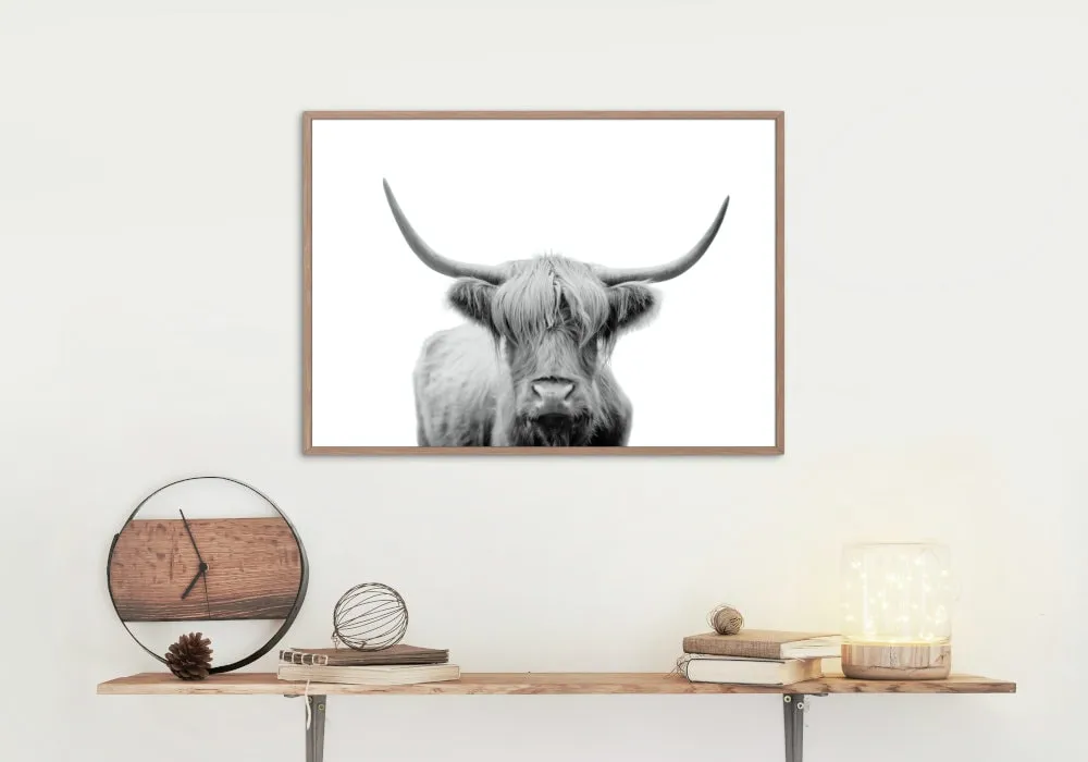 Black And White Cow Picture PRINTABLE WALL ART, Horizontal Poster, Farmhouse Decor, Cow Photography, Country Animal Print, Longhorn Print, Nordic Minimalist Print