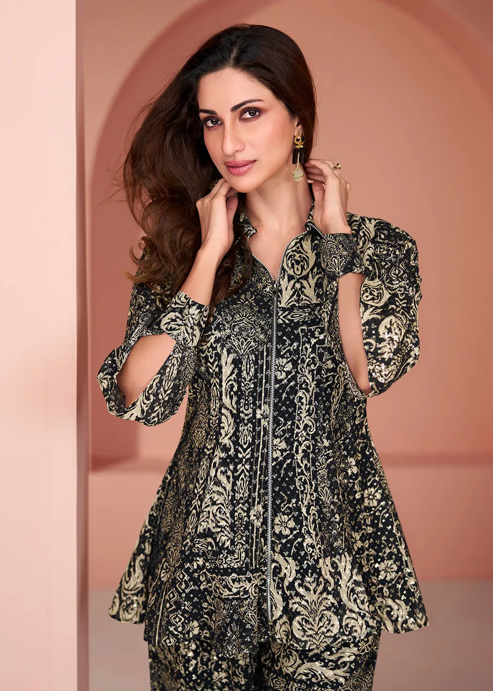 Black Cotton Silk Party Wear Indo-Western Co-Ords Set