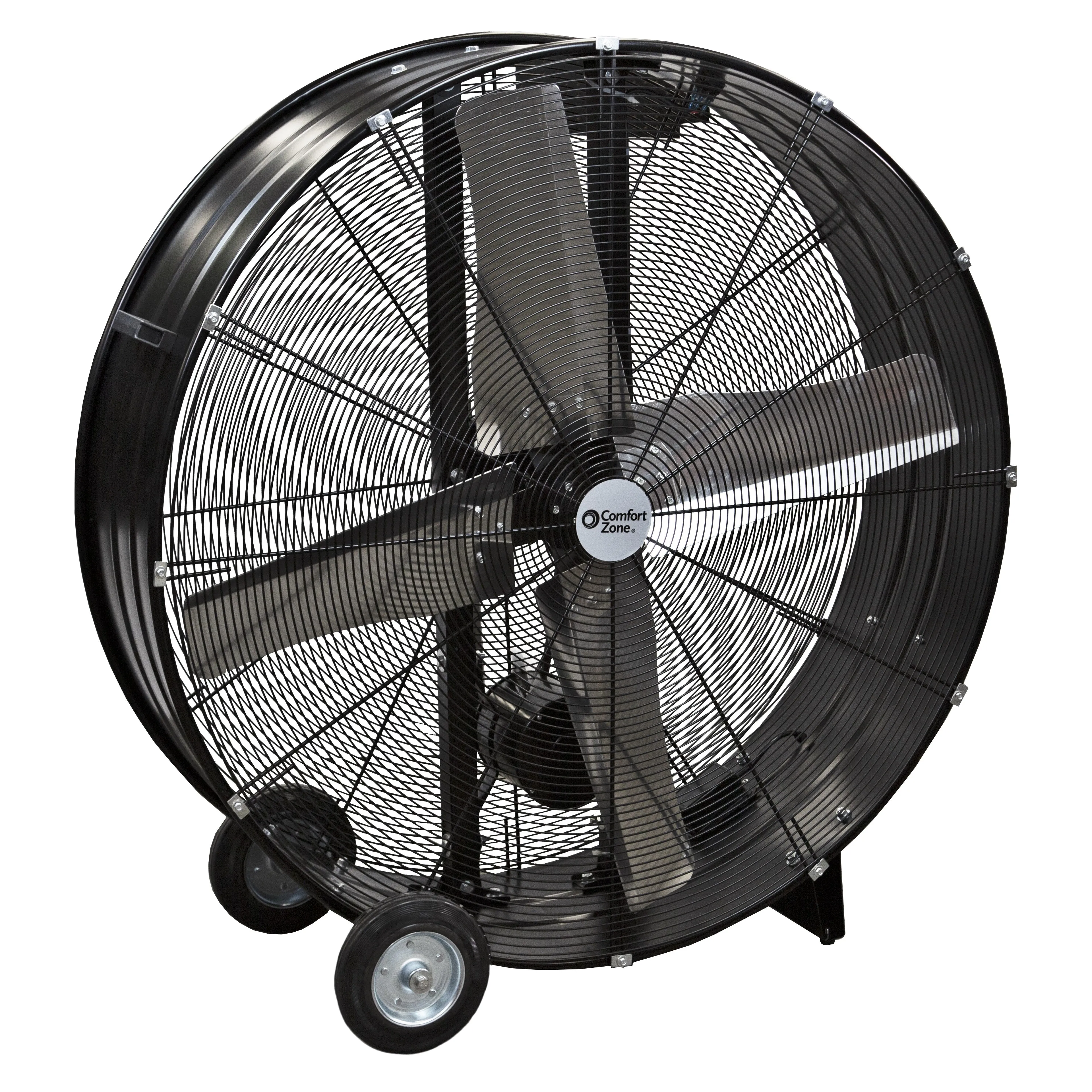 Comfort Zone 48" 2-Speed High-Velocity Industrial Heavy Duty 2-Wheel Belt-Drive Drum Fan in Black