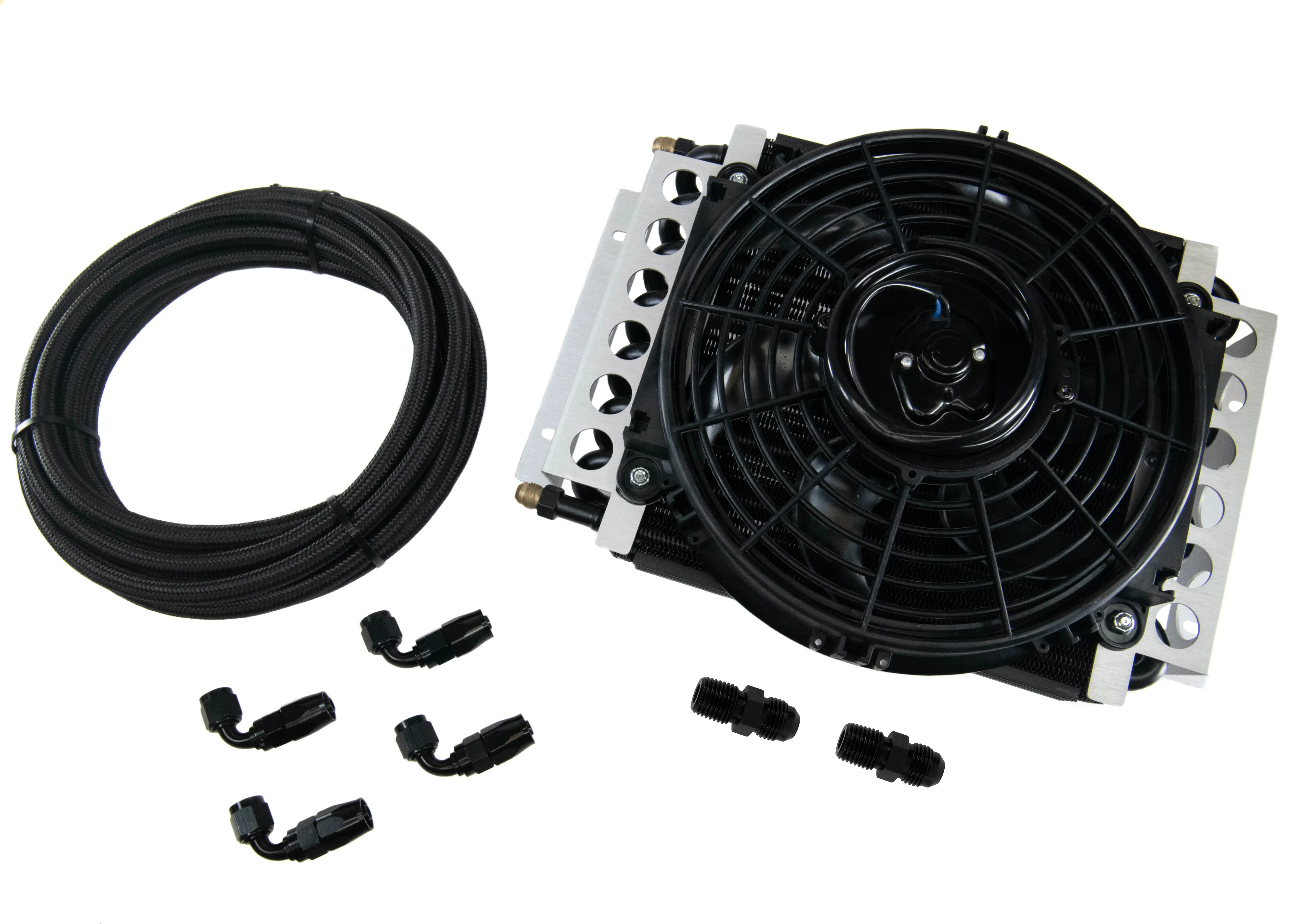 GM TH350, TH400, 700R4, 4L60E DERALE Trans Cooler Kit w/Fan & Fragola Lines/Fittings