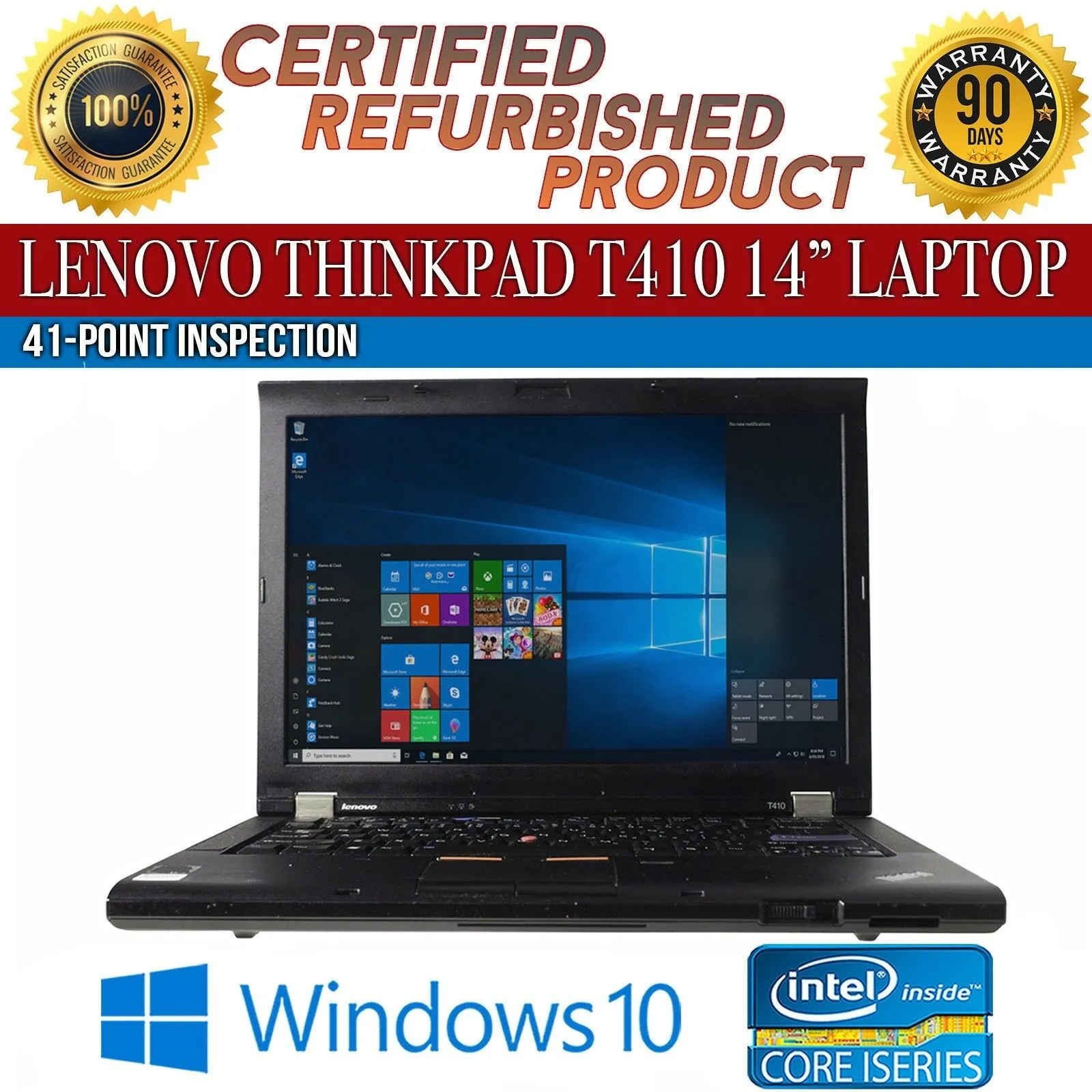 Lenovo ThinkPad T410 Laptop | Intel Core i7-620M @ 2.66GHz, 8GB RAM, 256GB SSD, VGA , DisplayPort, 1Gb Ethernet, DVD-RW, VGA, DisplayPort, Grade A Refurbished - 1 Year Warranty