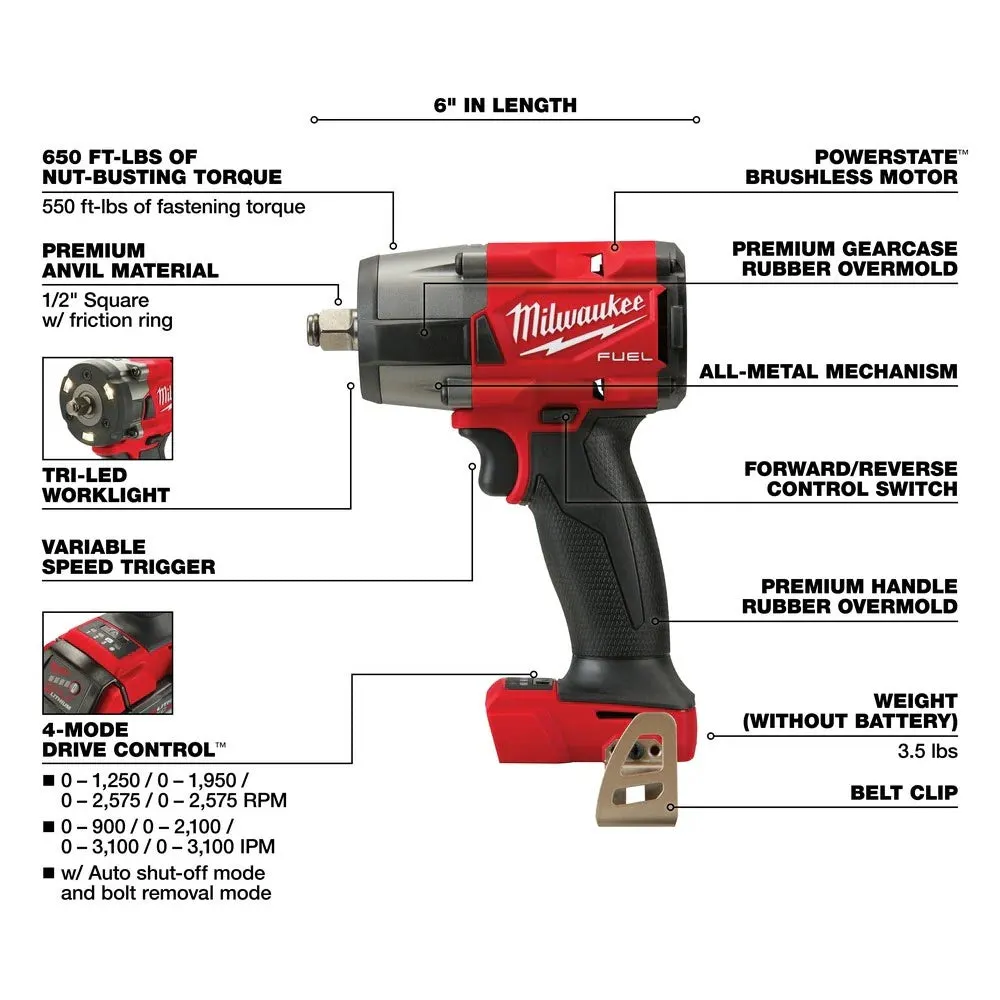 M18 FUEL 1/2" Mid-Torque Impact Wrench w/ Pin Detent (Tool Only)