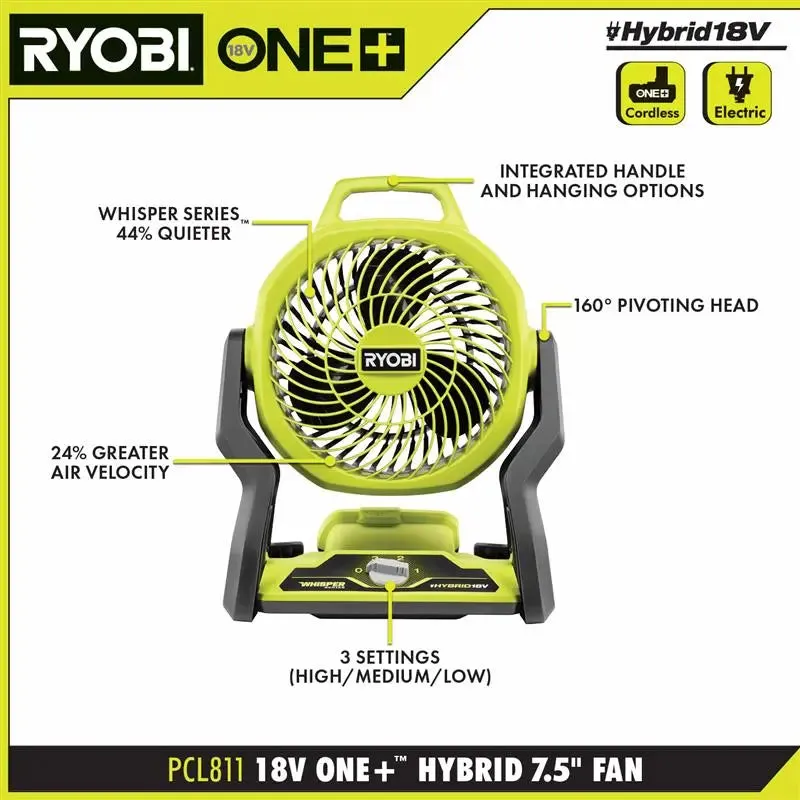 Open Box -  RYOBI ONE  18V Cordless Hybrid WHISPER SERIES 7-1/2 in. Fan (Tool Only)