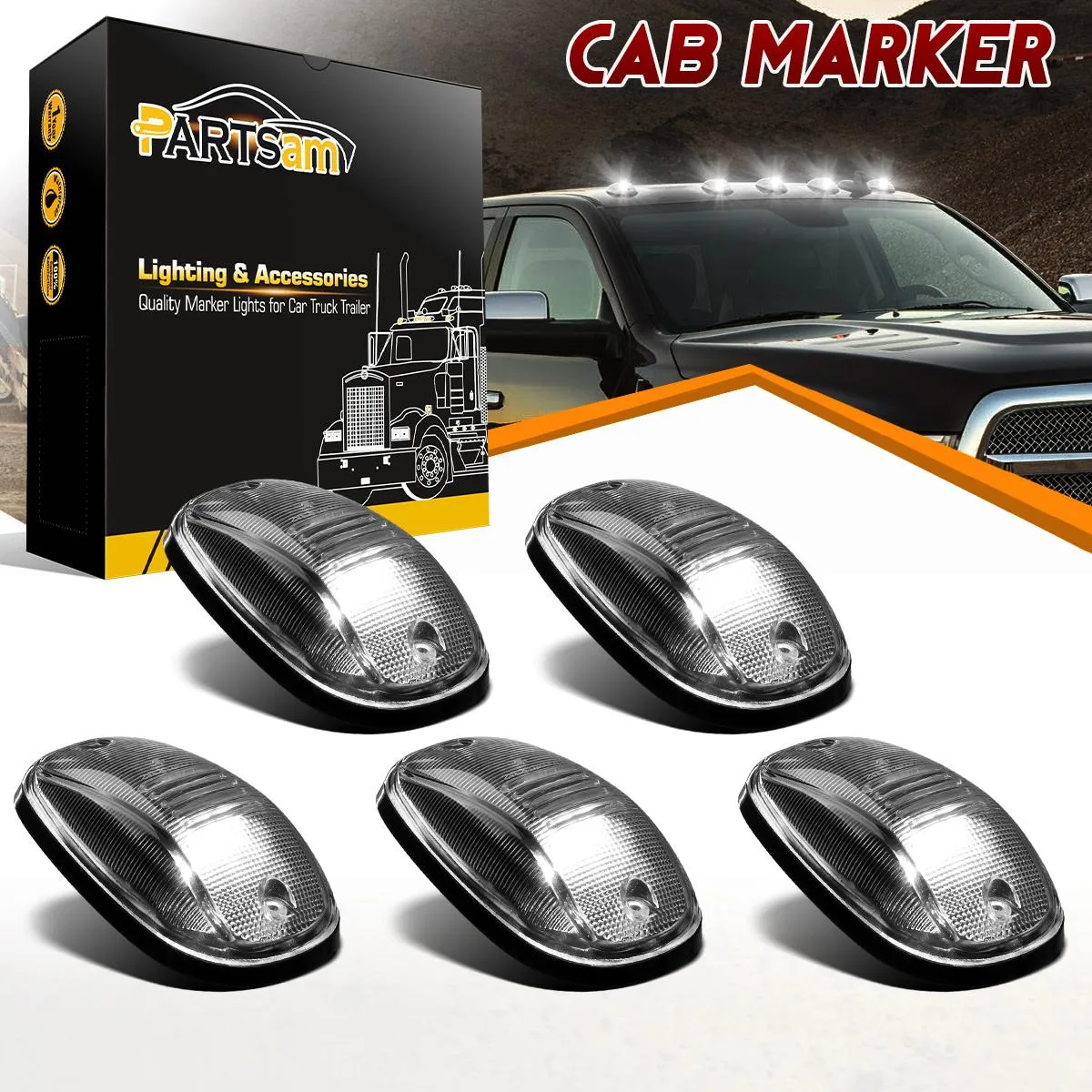 Partsam 5PCS Cab Lights LED Cab Marker Top Roof Running Lights Clear Lens White 9 LED Assembly Light Compatible with Dodge Ram 1500 2500 3500 4500 5500 2003-2018 Pickup Trucks(T10 Plug)