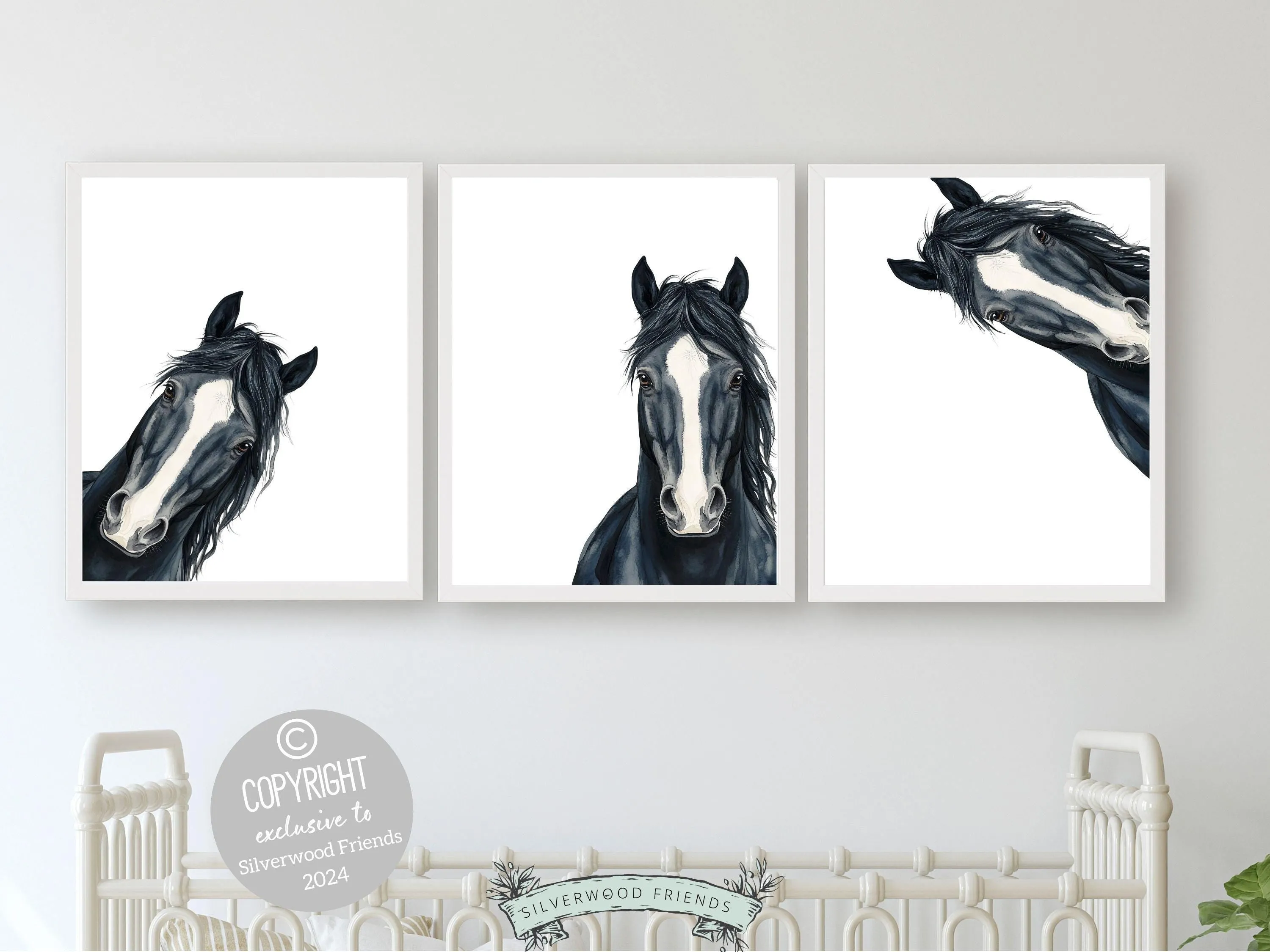 Peeking Black Horse Nursery Print - 001