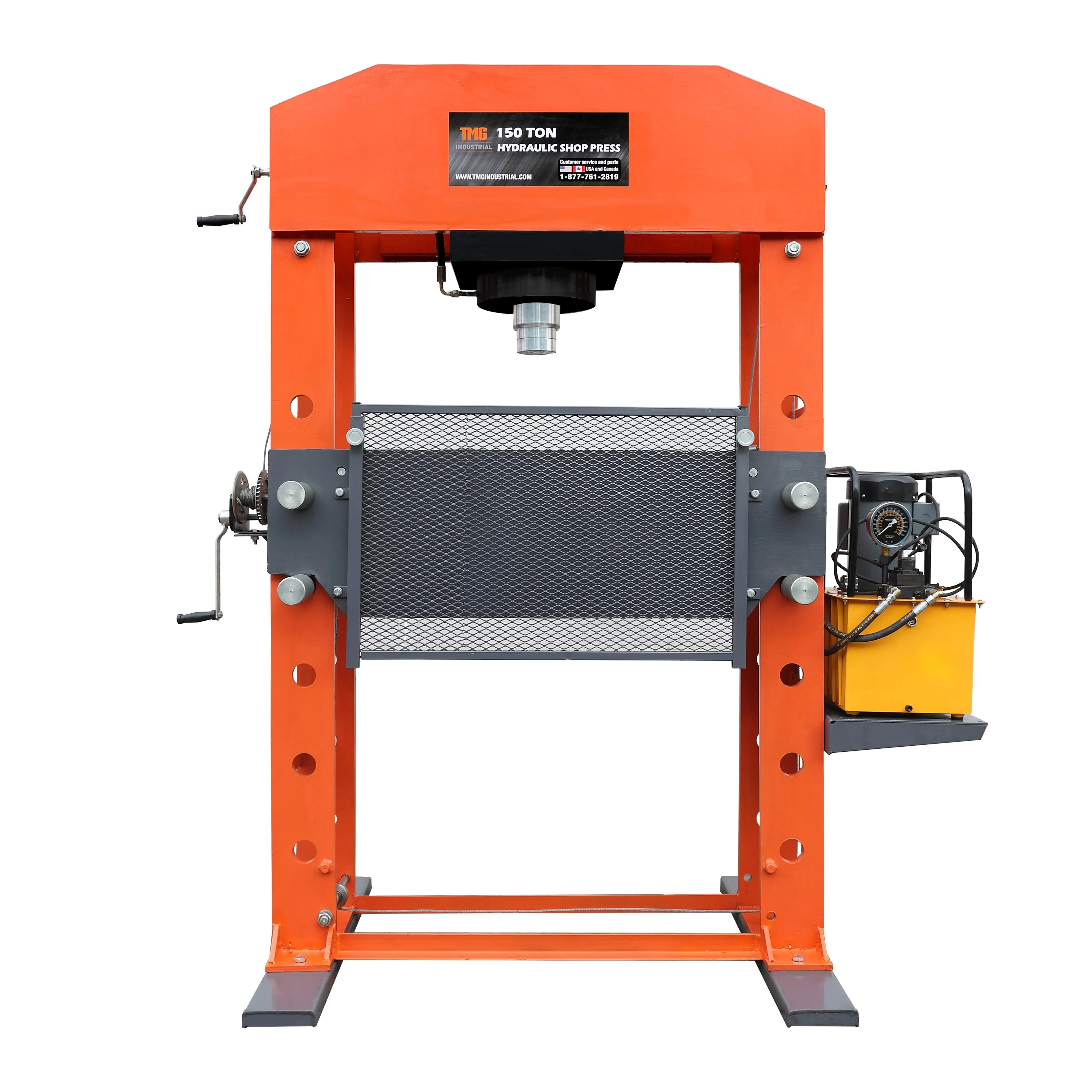 TMG Industrial 150 Ton Capacity Hydraulic Shop Press, Heavy Duty Pressing, Protective Grid Guard, Fully Welded H-Frame, Air & Manual Dual Operation, TMG-SP150